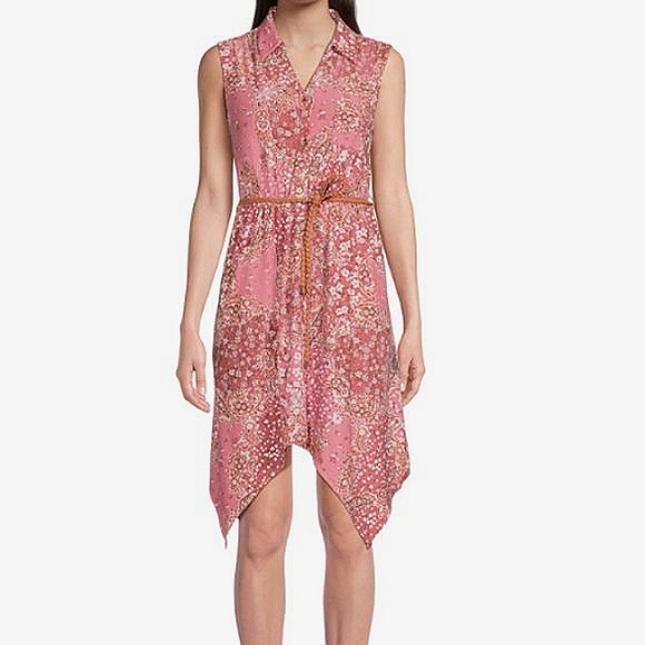 Asymmetrical Hem Flowy Dress Plus Size Floral Pastel Stretch w Belt glamour - Picture 7 of 16